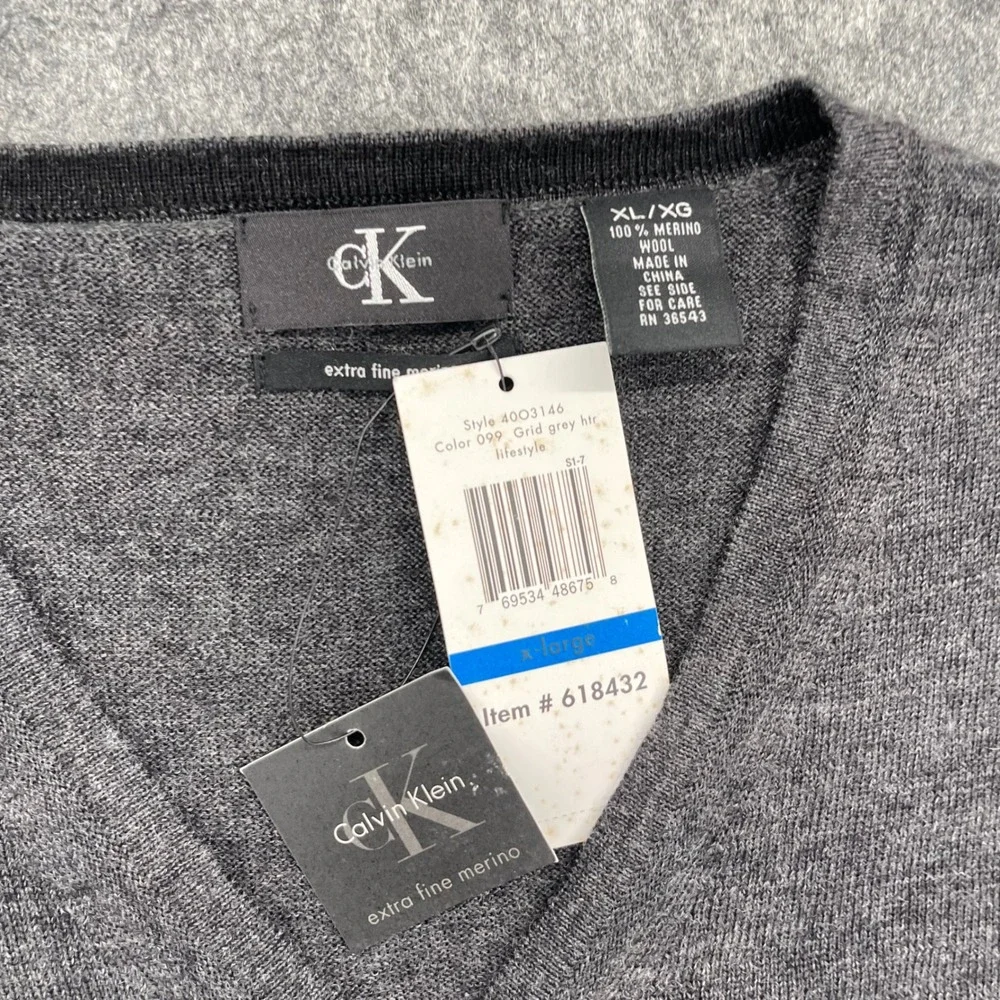 Calvin Klein Mens Sweater Large Extra Fine Merino Wool V-Neck Grey New